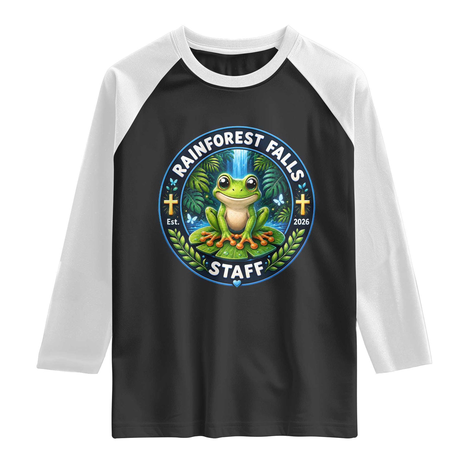 Rainforest Falls Staff Raglan Shirt VBS 2026 Director Teacher TS10 Black White Print Your Wear