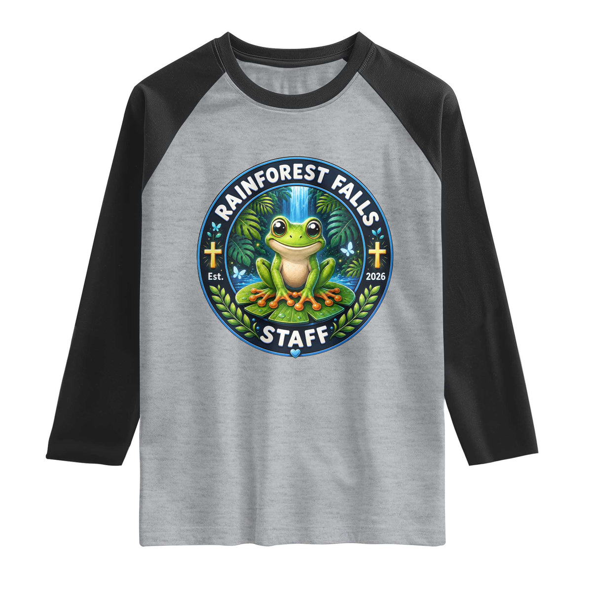 Rainforest Falls Staff Raglan Shirt VBS 2026 Director Teacher TS10 Heather Gray Black Print Your Wear