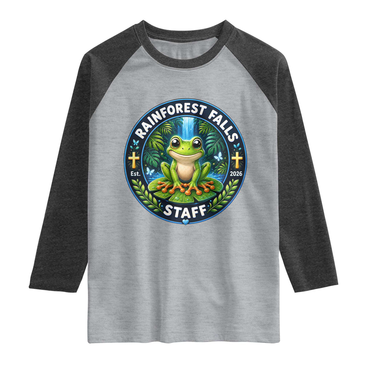 Rainforest Falls Staff Raglan Shirt VBS 2026 Director Teacher TS10 Heather Gray Heather Charcoal Print Your Wear