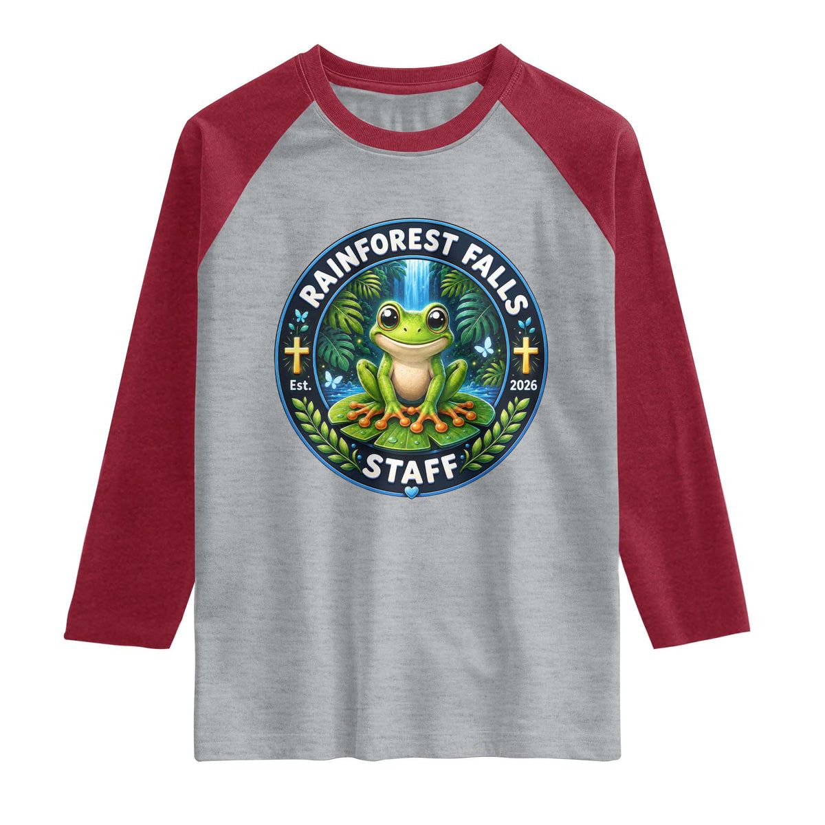 Rainforest Falls Staff Raglan Shirt VBS 2026 Director Teacher TS10 Heather Gray Heather Red Print Your Wear