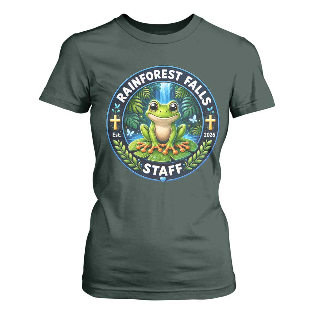 Rainforest Falls Staff T Shirt For Women VBS 2026 Director Teacher TS10 Dark Forest Green Print Your Wear
