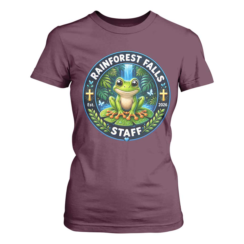 Rainforest Falls Staff T Shirt For Women VBS 2026 Director Teacher TS10 Maroon Print Your Wear