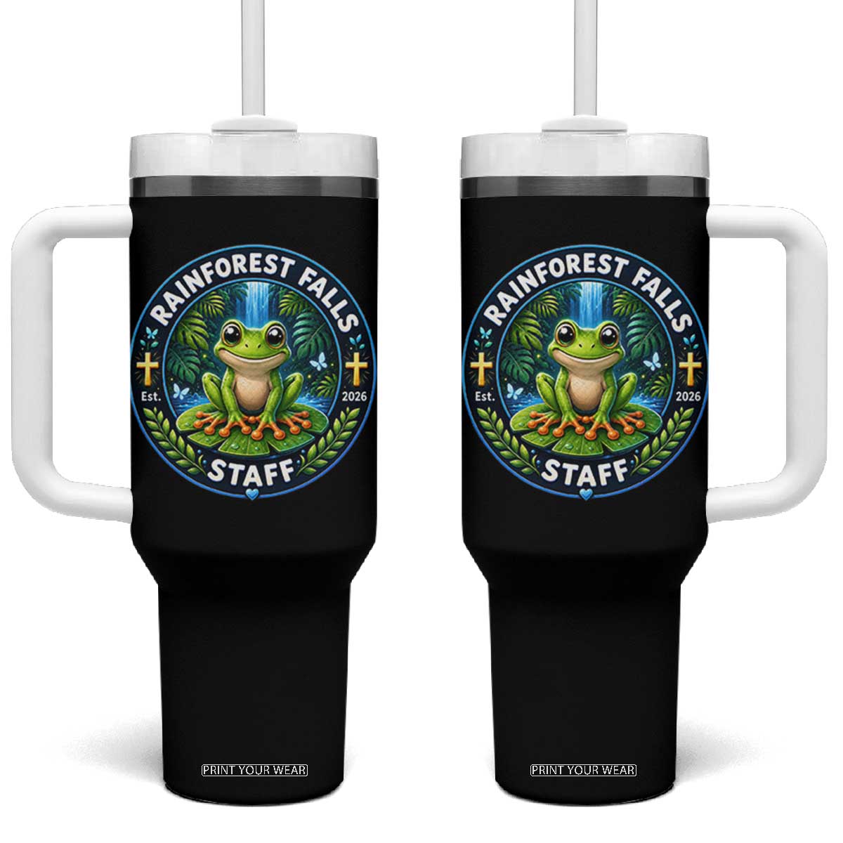 Rainforest Falls Staff Tumbler With Handle VBS 2026 Director Teacher TS10 One Size: 40 oz Black Print Your Wear