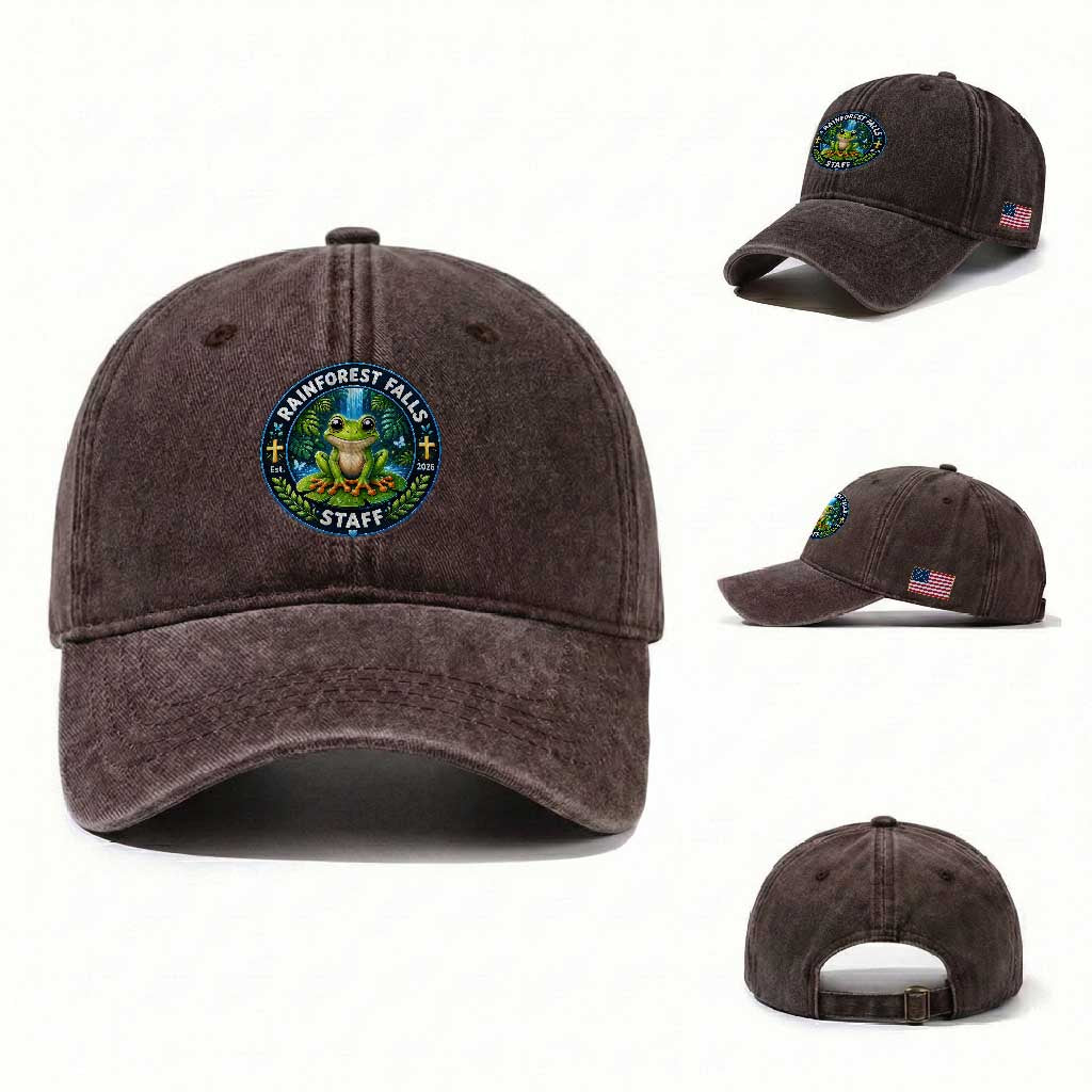 Rainforest Falls Staff Washed Cotton Baseball Cap VBS 2026 Director Teacher TS10 Washed Cap Universal Fit Dark Brown Print Your Wear