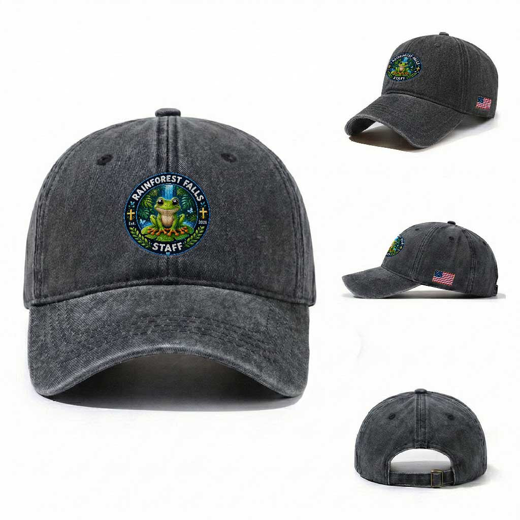 Rainforest Falls Staff Washed Cotton Baseball Cap VBS 2026 Director Teacher TS10 Washed Cap Universal Fit Dark Gray Print Your Wear