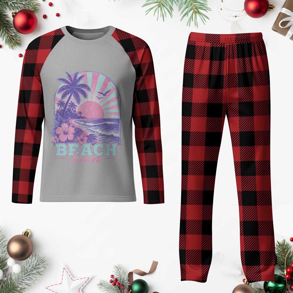 Beach Bum Plaid Pajama Set Summer Vacation Beach Lover Surf Wave Vintage Tropical Sunset Aesthetic