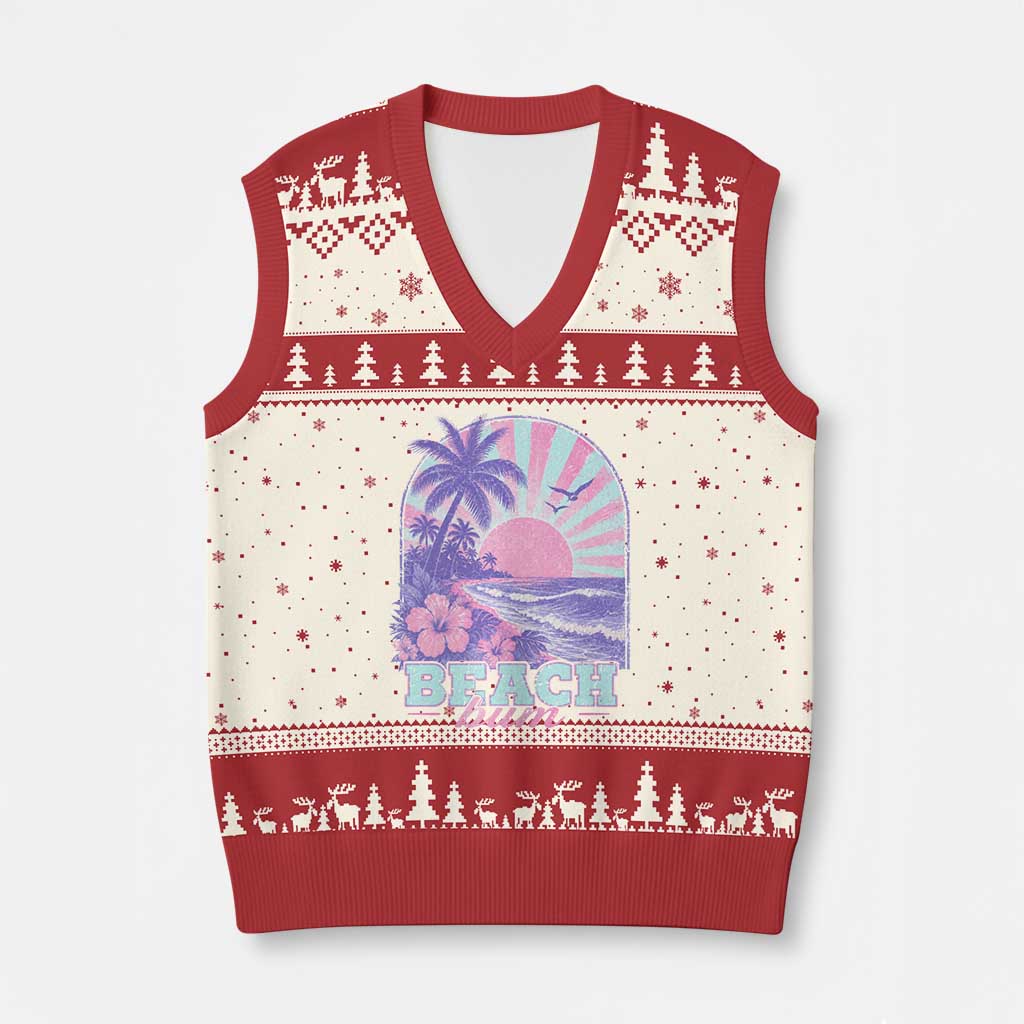 Beach Bum V-Neck Knit Sweater Vest Summer Vacation Beach Lover Surf Wave Vintage Tropical Sunset Aesthetic TS10 Beige Red Print Your Wear