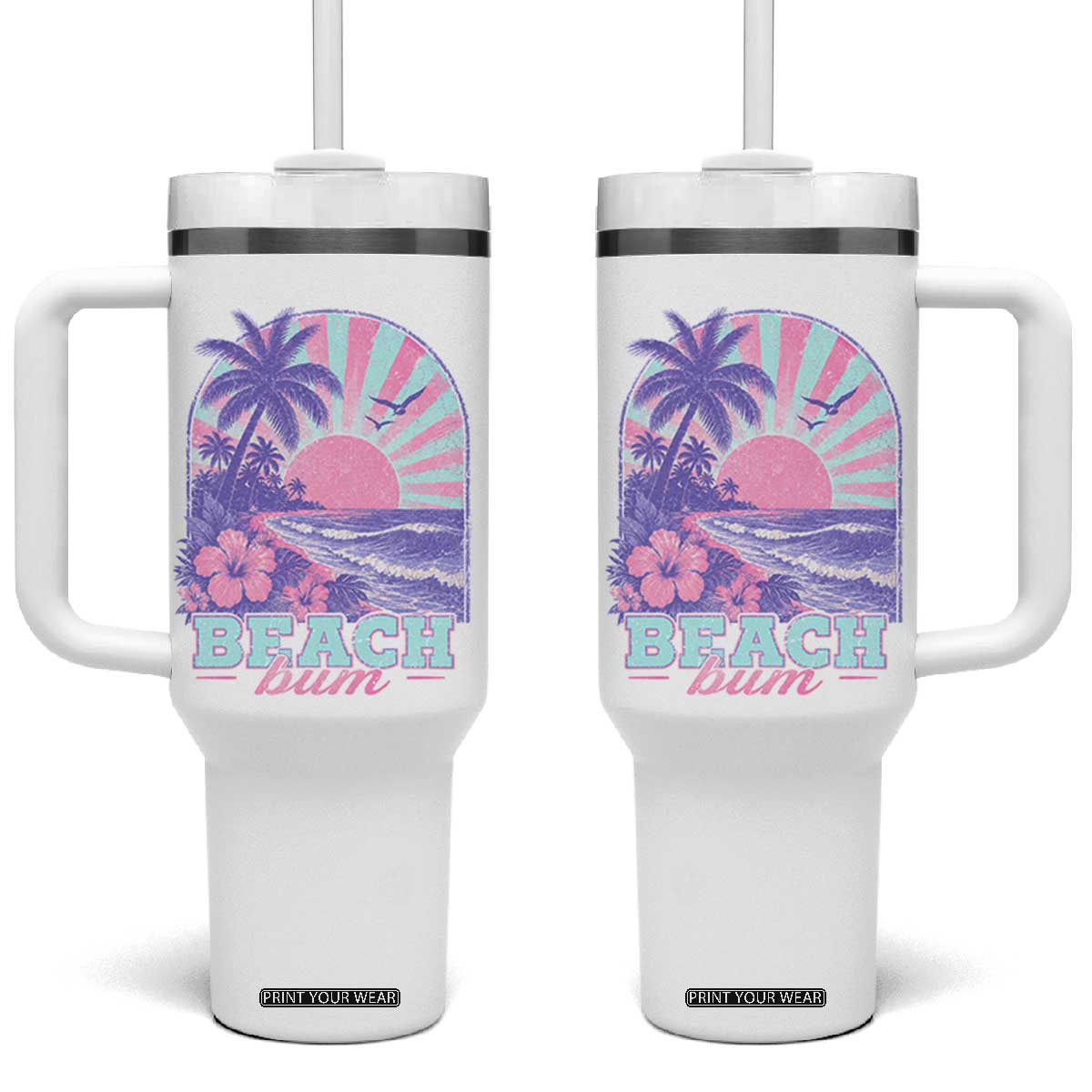Beach Bum Tumbler With Handle Summer Vacation Beach Lover Surf Wave Vintage Tropical Sunset Aesthetic TS10 One Size: 40 oz White Print Your Wear