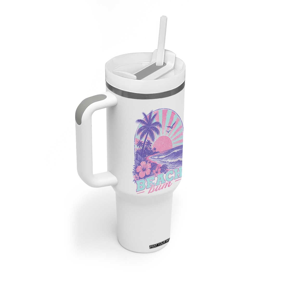 Beach Bum Tumbler With Handle Summer Vacation Beach Lover Surf Wave Vintage Tropical Sunset Aesthetic