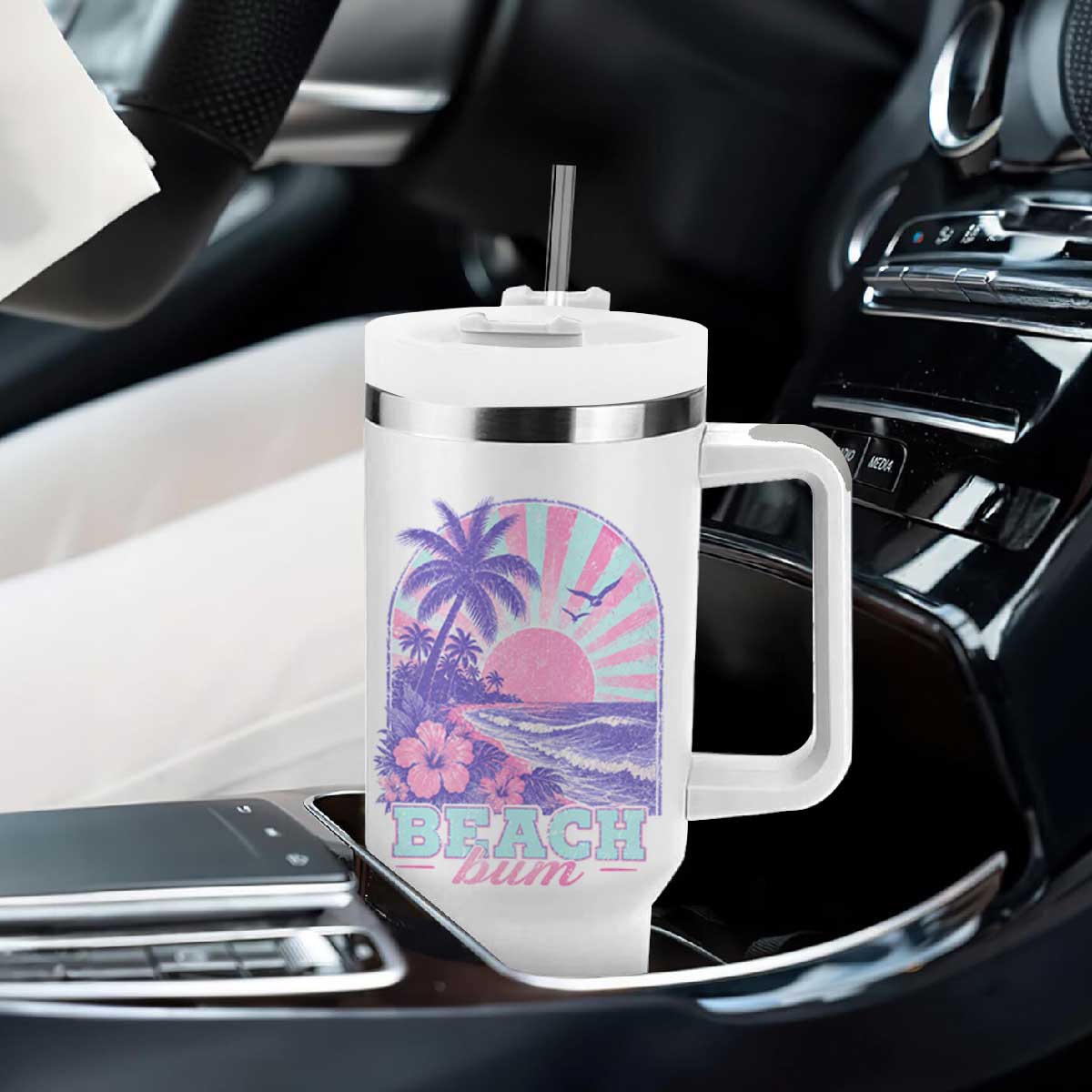 Beach Bum Tumbler With Handle Summer Vacation Beach Lover Surf Wave Vintage Tropical Sunset Aesthetic