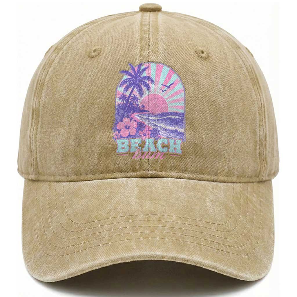 Beach Bum Washed Cotton Baseball Cap Summer Vacation Beach Lover Surf Wave Vintage Tropical Sunset Aesthetic TS10 Print Your Wear