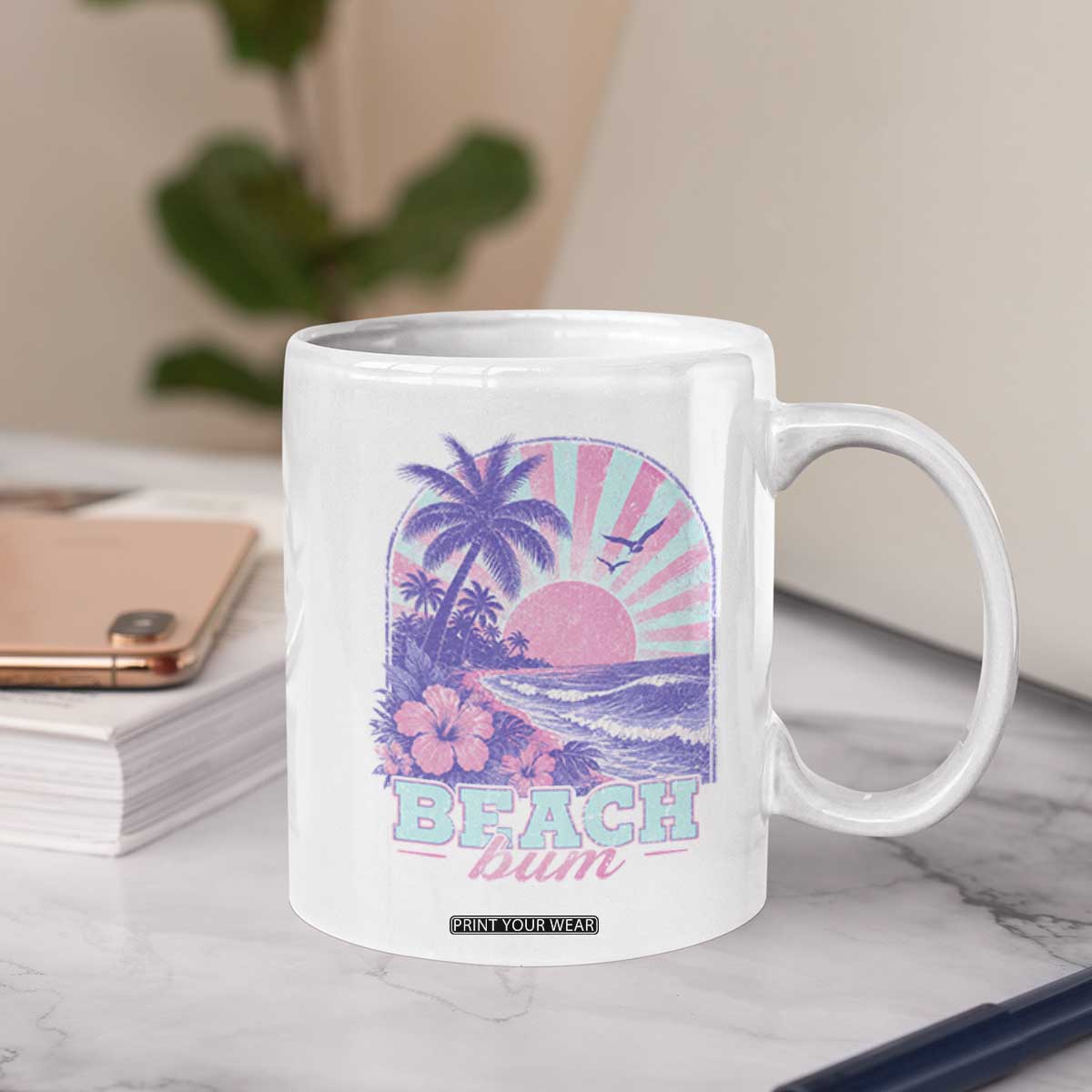 Beach Bum Coffee Mug Summer Vacation Beach Lover Surf Wave Vintage Tropical Sunset Aesthetic
