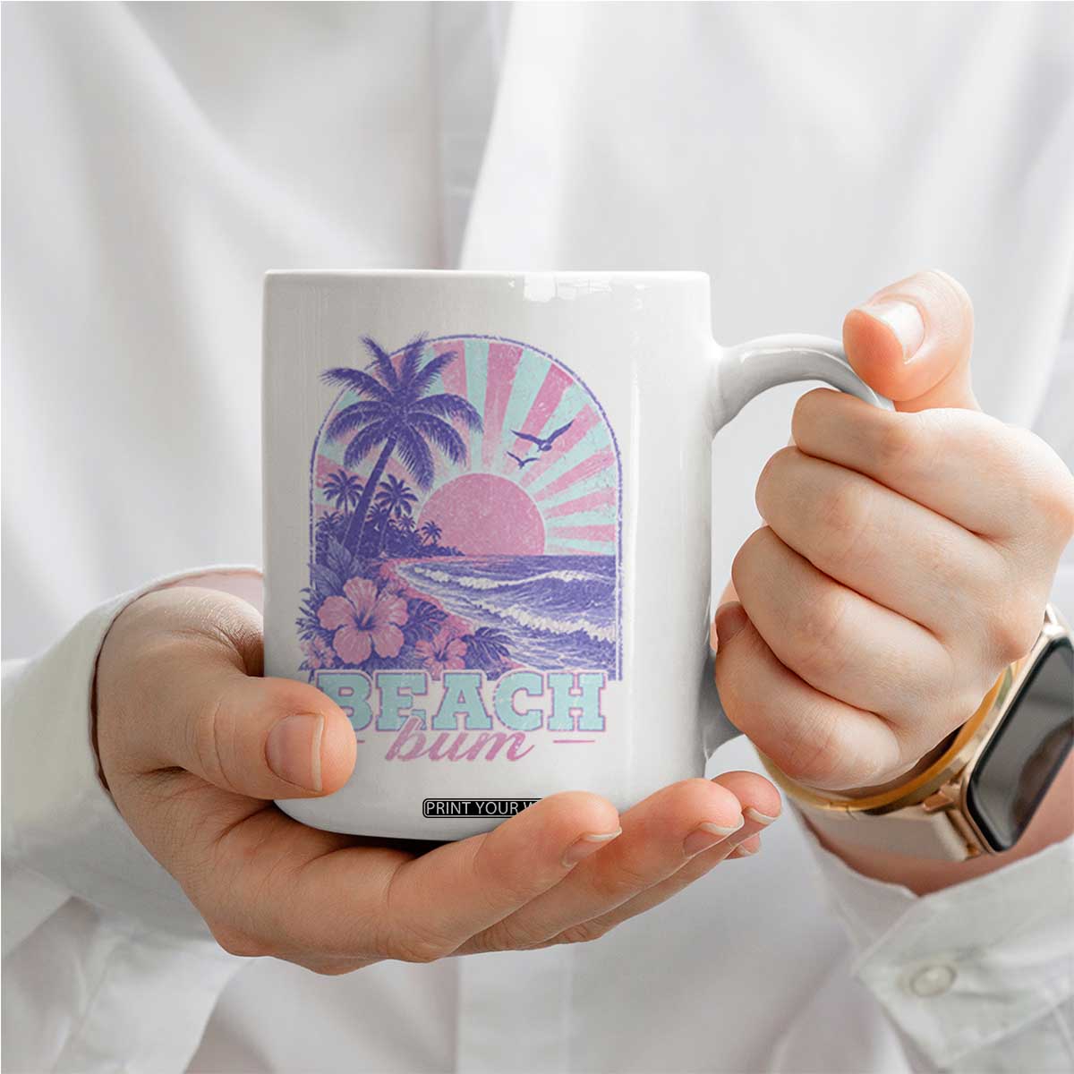 Beach Bum Coffee Mug Summer Vacation Beach Lover Surf Wave Vintage Tropical Sunset Aesthetic