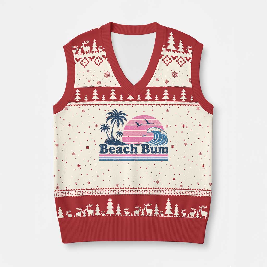 Beach Bum V-Neck Knit Sweater Vest Retro Summer Vacation Surf Wave Tropical Sunset Aesthetic TS10 Beige Red Print Your Wear