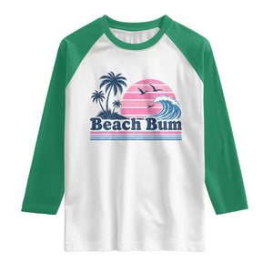 Beach Bum Raglan Shirt Retro Summer Vacation Surf Wave Tropical Sunset Aesthetic TS10 White Kelly Green Print Your Wear