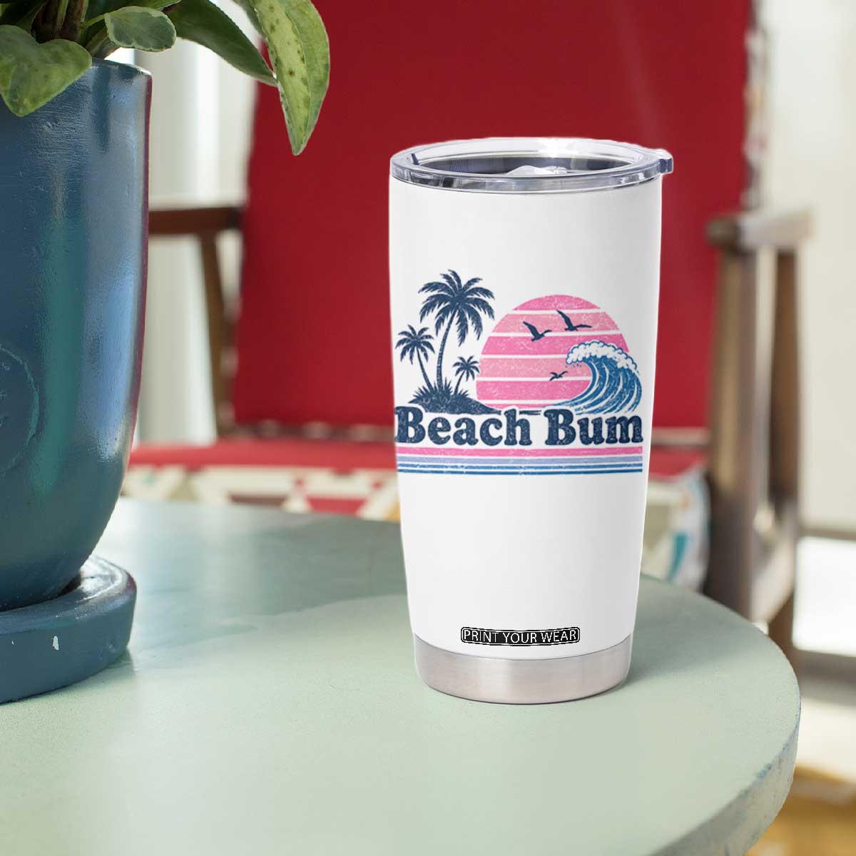 Beach Bum Tumbler Cup Retro Summer Vacation Surf Wave Tropical Sunset Aesthetic TS10 Print Your Wear