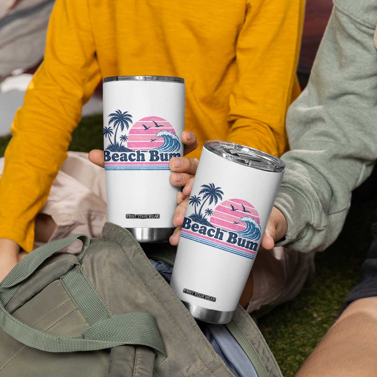 Beach Bum Tumbler Cup Retro Summer Vacation Surf Wave Tropical Sunset Aesthetic TS10 Print Your Wear