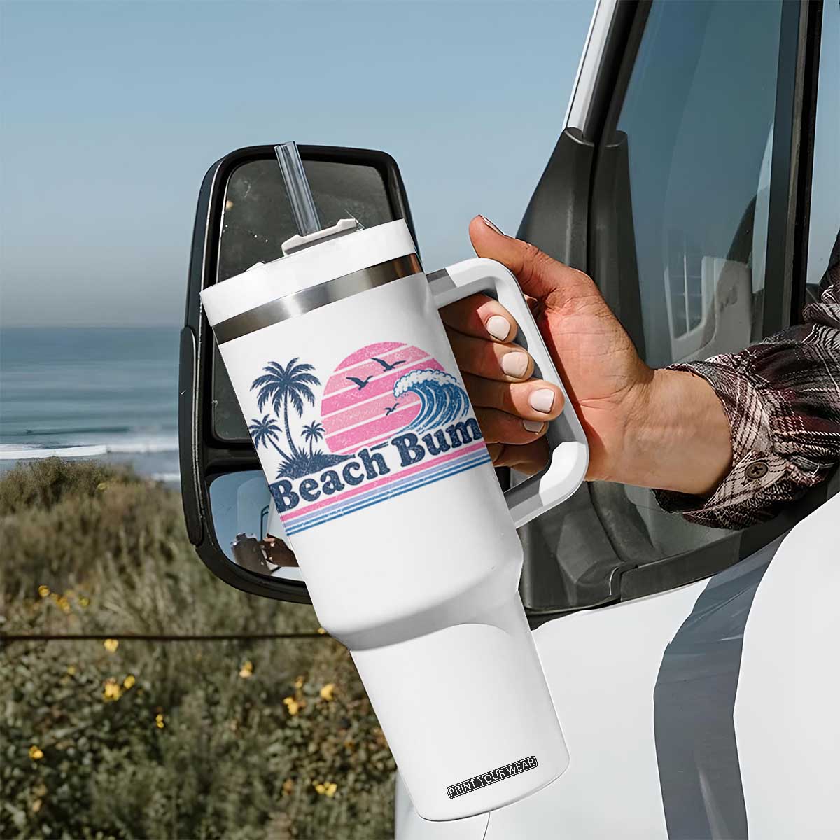 Beach Bum Tumbler With Handle Retro Summer Vacation Surf Wave Tropical Sunset Aesthetic TS10 Print Your Wear