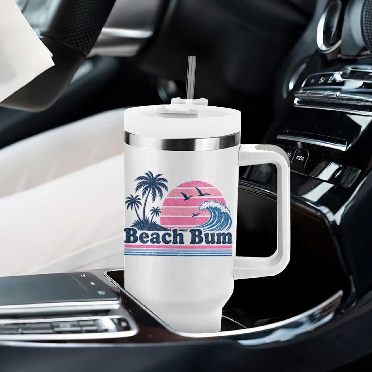 Beach Bum Tumbler With Handle Retro Summer Vacation Surf Wave Tropical Sunset Aesthetic TS10 Print Your Wear
