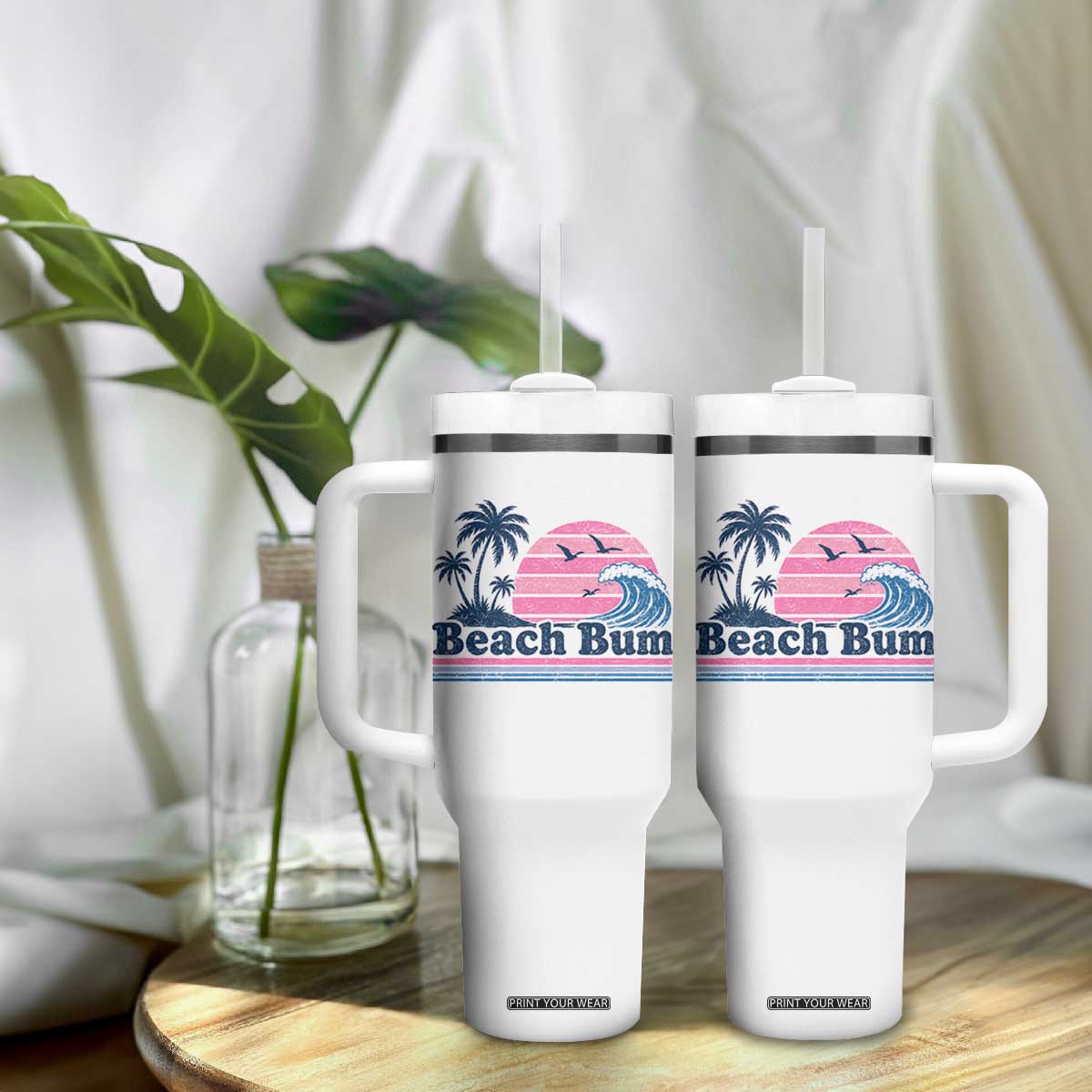 Beach Bum Tumbler With Handle Retro Summer Vacation Surf Wave Tropical Sunset Aesthetic TS10 Print Your Wear