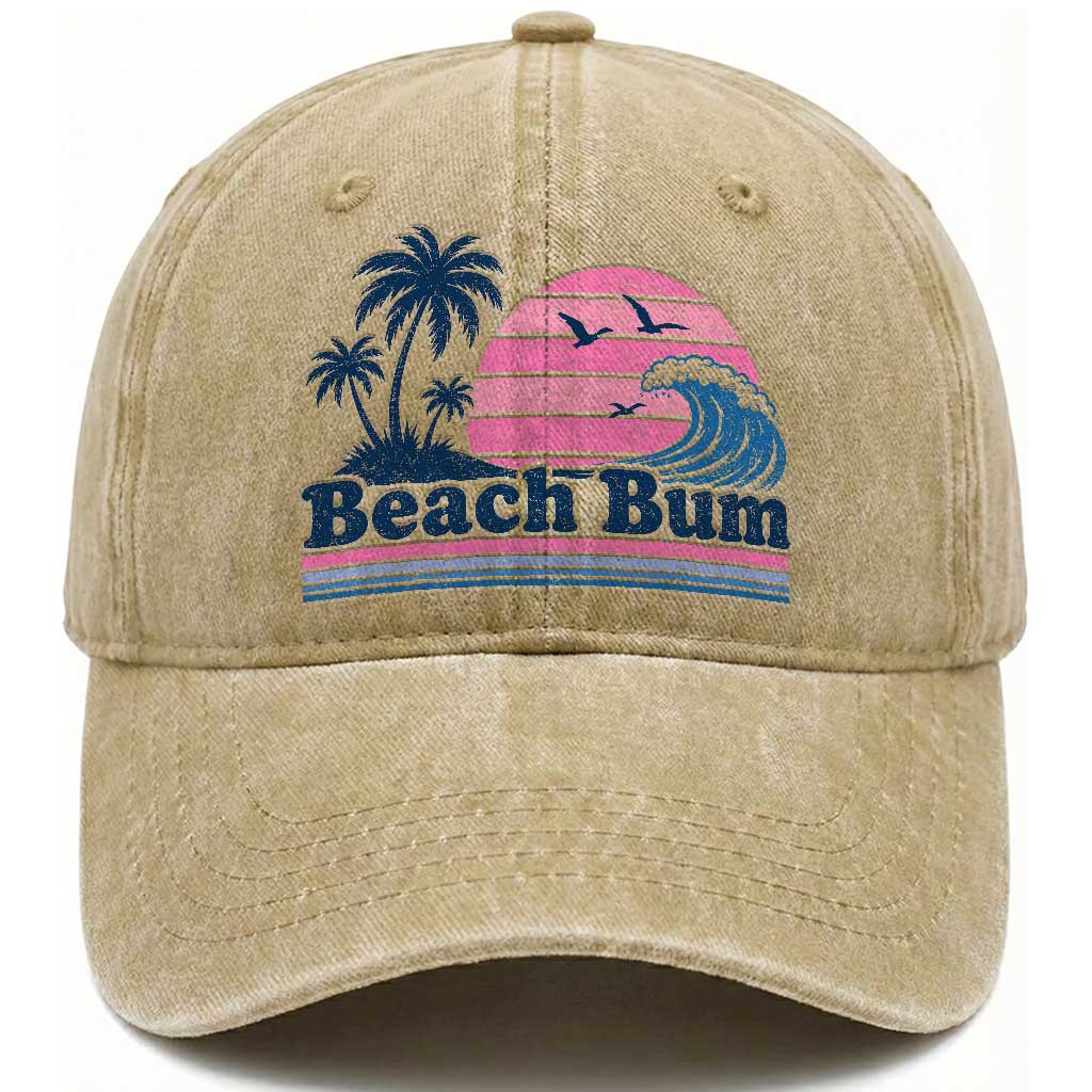 Beach Bum Washed Cotton Baseball Cap Retro Summer Vacation Surf Wave Tropical Sunset Aesthetic TS10 Print Your Wear