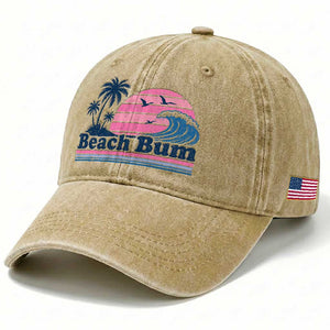 Beach Bum Washed Cotton Baseball Cap Retro Summer Vacation Surf Wave Tropical Sunset Aesthetic TS10 Print Your Wear