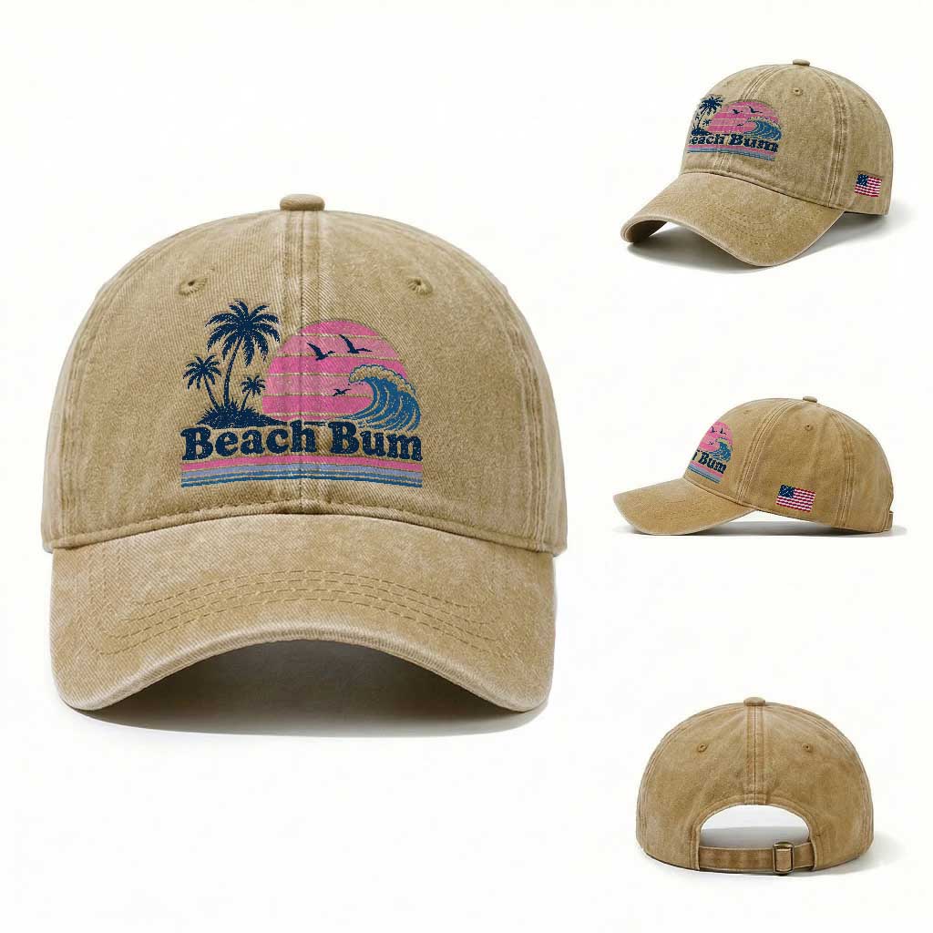 Beach Bum Washed Cotton Baseball Cap Retro Summer Vacation Surf Wave Tropical Sunset Aesthetic TS10 Washed Cap Universal Fit Khaki Print Your Wear