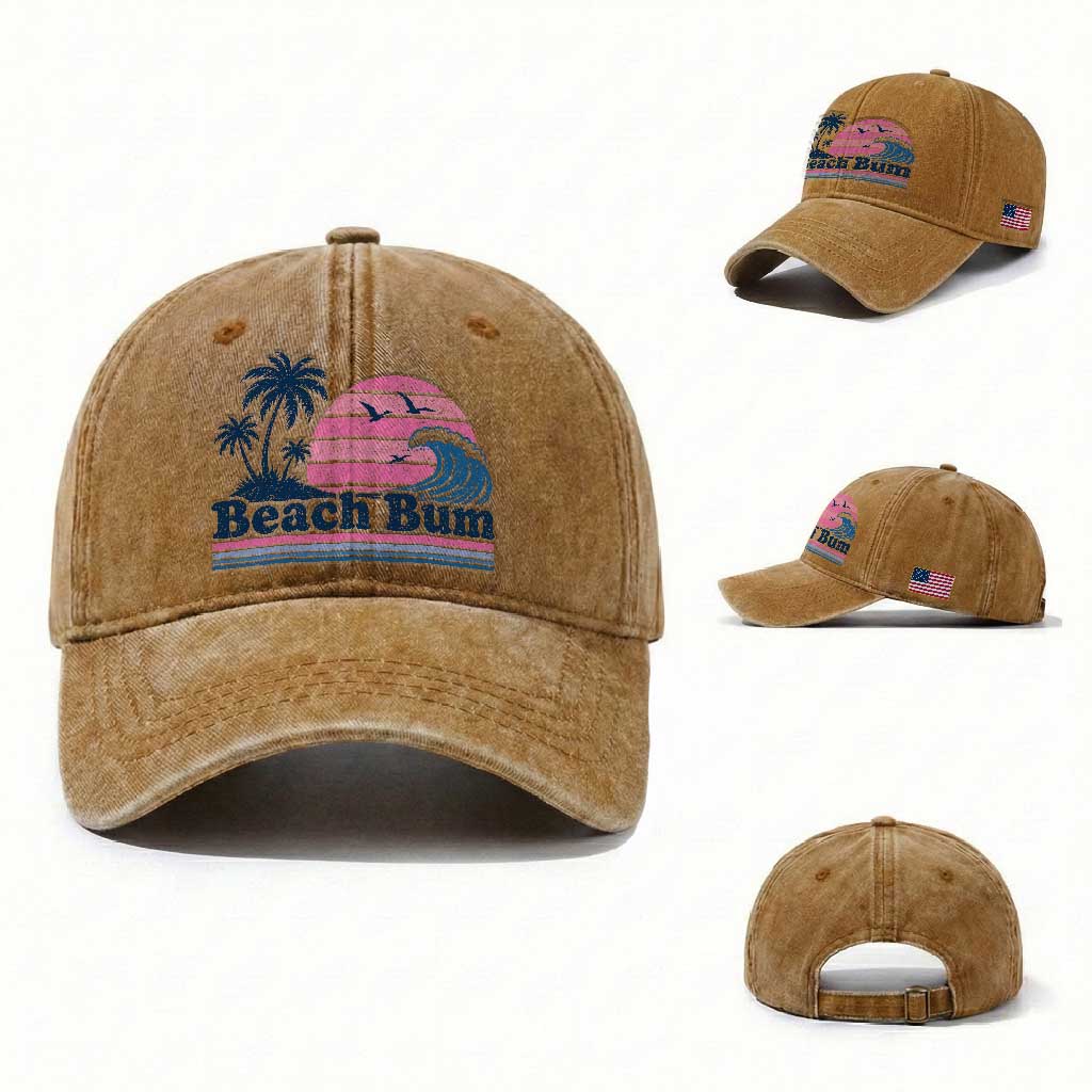 Beach Bum Washed Cotton Baseball Cap Retro Summer Vacation Surf Wave Tropical Sunset Aesthetic TS10 Washed Cap Universal Fit Yellow Ochre Print Your Wear