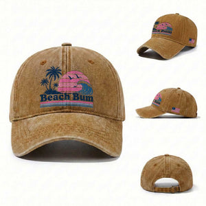 Beach Bum Washed Cotton Baseball Cap Retro Summer Vacation Surf Wave Tropical Sunset Aesthetic TS10 Washed Cap Universal Fit Yellow Ochre Print Your Wear