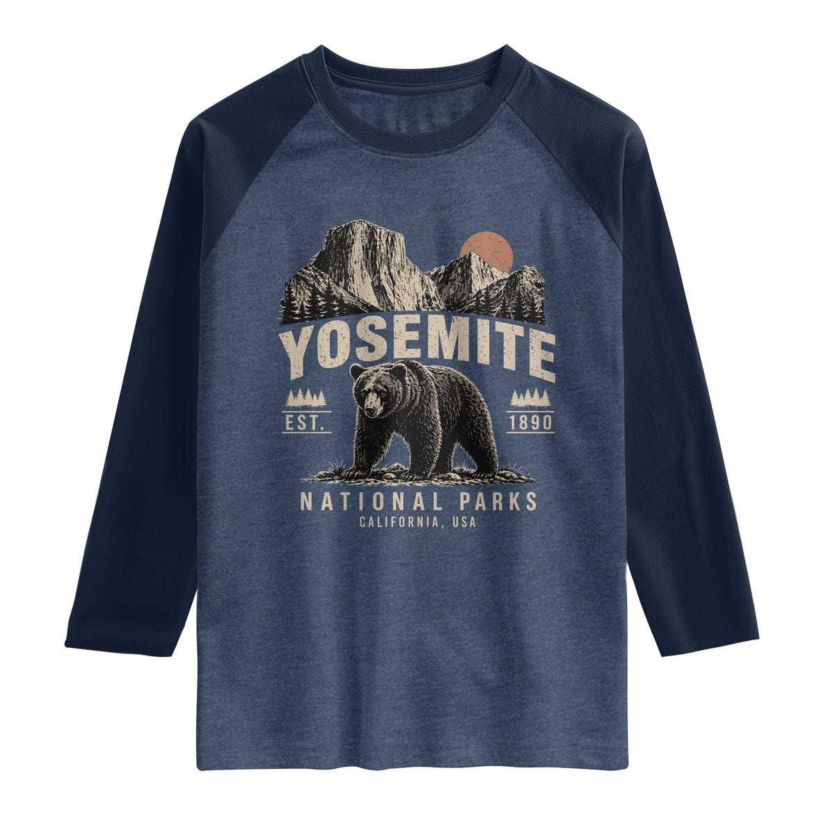 Vintage Yosemite National Park Raglan Shirt Retro Bear Nature Wildlife Forest TS10 Heather Denim Navy Print Your Wear