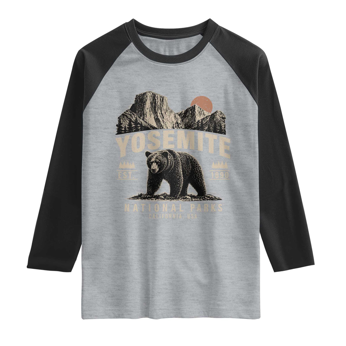 Vintage Yosemite National Park Raglan Shirt Retro Bear Nature Wildlife Forest TS10 Heather Gray Black Print Your Wear