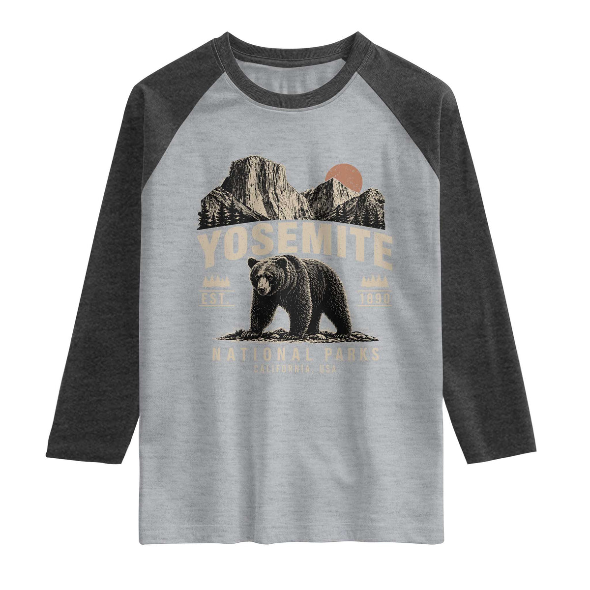 Vintage Yosemite National Park Raglan Shirt Retro Bear Nature Wildlife Forest TS10 Heather Gray Heather Charcoal Print Your Wear
