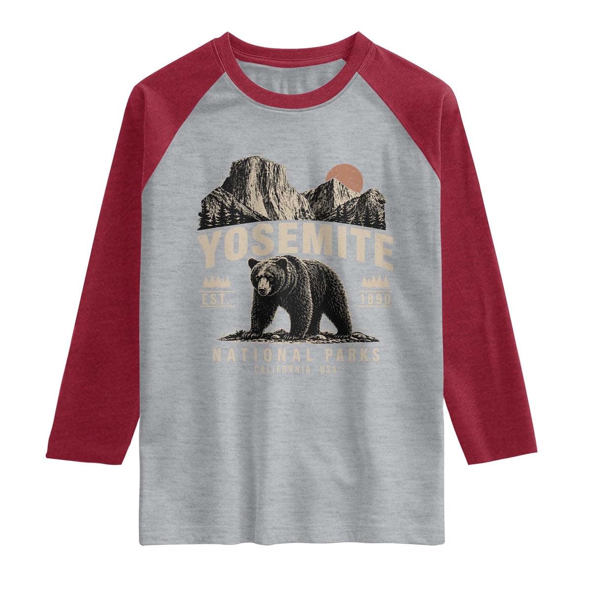 Vintage Yosemite National Park Raglan Shirt Retro Bear Nature Wildlife Forest TS10 Heather Gray Heather Red Print Your Wear