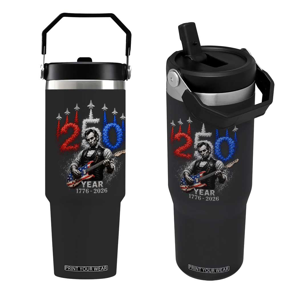 Vintage Abraham Lincoln Abe Lincoln Playing Guitar 250 Years Flip Straw Tumbler 1776 2026 Humor Patriotic TS10 One Size: 30 oz Black Print Your Wear