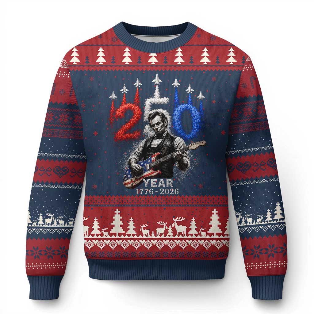 Vintage Abraham Lincoln Abe Lincoln Playing Guitar 250 Years Ugly Christmas Sweater 1776 2026 Humor Patriotic TS10 Navy Red Print Your Wear