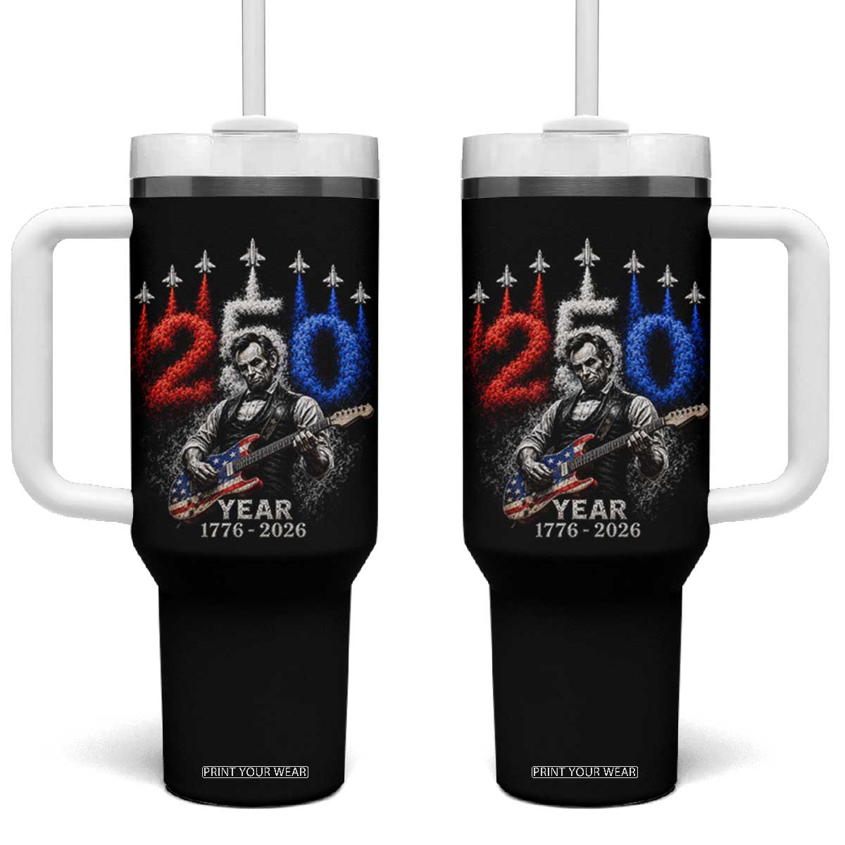 Vintage Abraham Lincoln Abe Lincoln Playing Guitar 250 Years Tumbler With Handle 1776 2026 Humor Patriotic TS10 One Size: 40 oz Black Print Your Wear