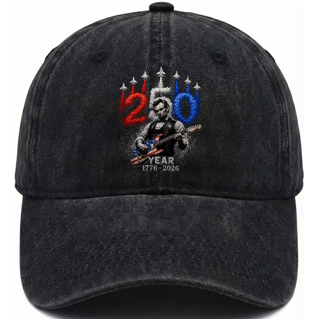 Vintage Abraham Lincoln Abe Lincoln Playing Guitar 250 Years Washed Cotton Baseball Cap 1776 2026 Humor Patriotic TS10 Print Your Wear