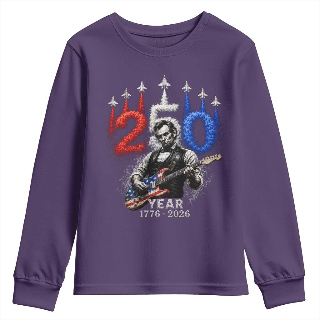 Vintage Abraham Lincoln Abe Lincoln Playing Guitar 250 Years Youth Sweatshirt 1776 2026 Humor Patriotic TS10 Purple Print Your Wear