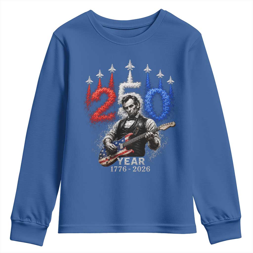 Vintage Abraham Lincoln Abe Lincoln Playing Guitar 250 Years Youth Sweatshirt 1776 2026 Humor Patriotic TS10 Royal Blue Print Your Wear