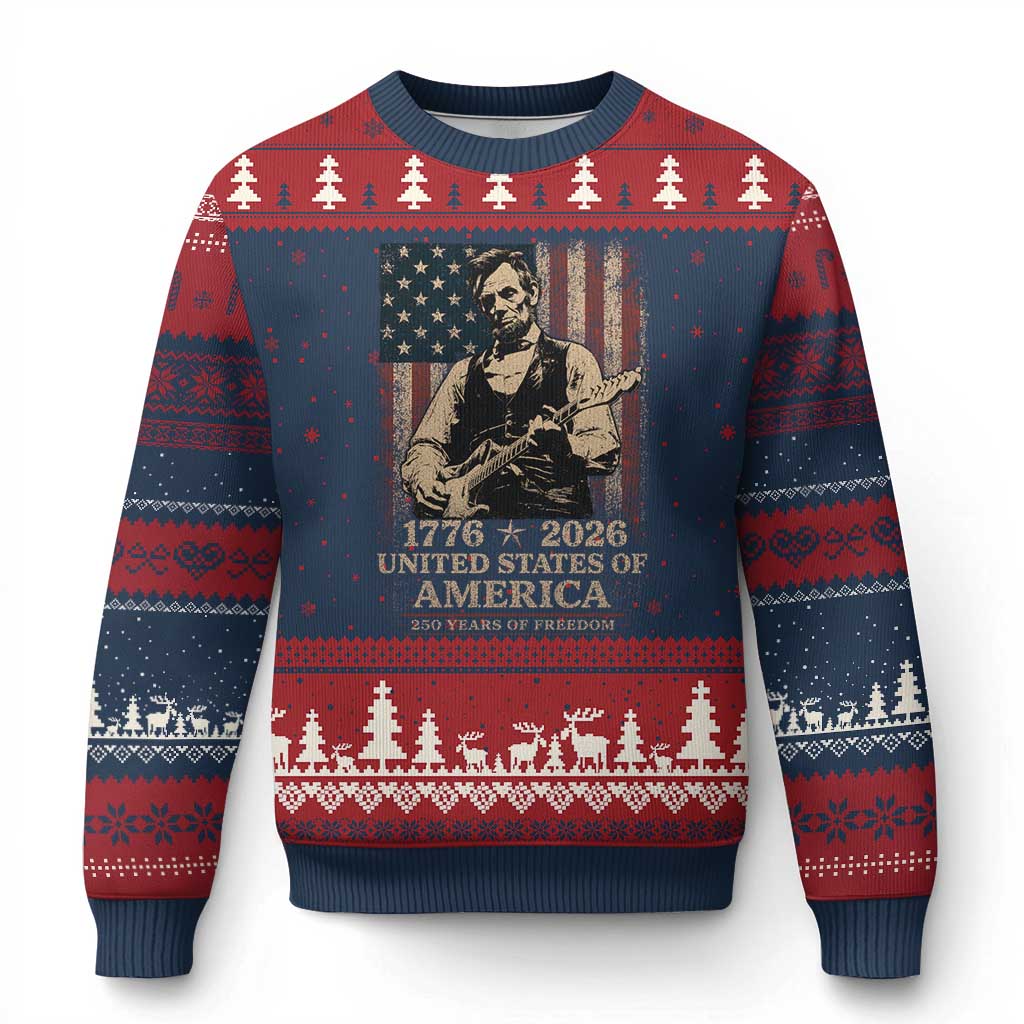 Vintage Abraham Lincoln Abe Lincoln Playing Guitar 250 Years Ugly Christmas Sweater 1776 2026 Humor Patriotic USA Flag TS10 Navy Red Print Your Wear