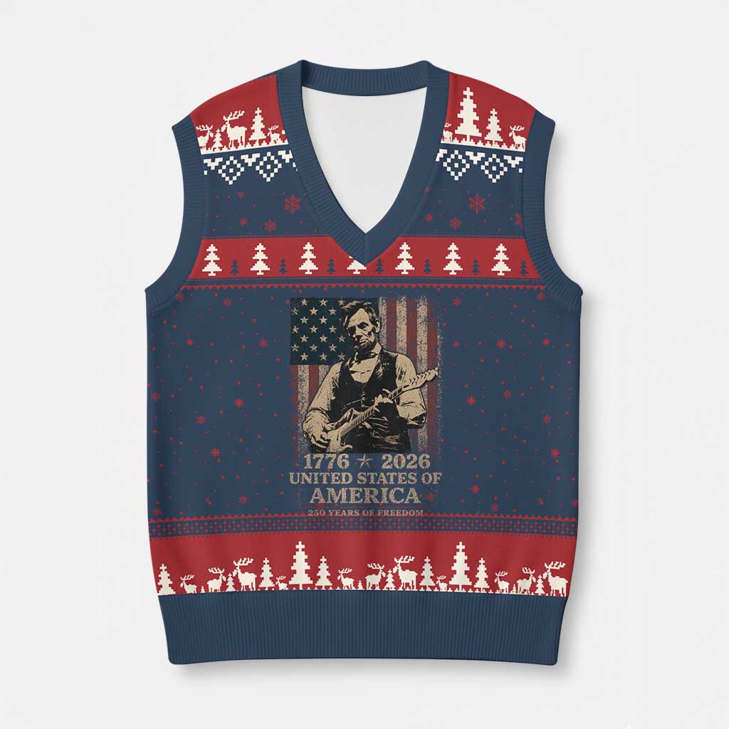 Vintage Abraham Lincoln Abe Lincoln Playing Guitar 250 Years V-Neck Knit Sweater Vest 1776 2026 Humor Patriotic USA Flag TS10 Navy Red Print Your Wear