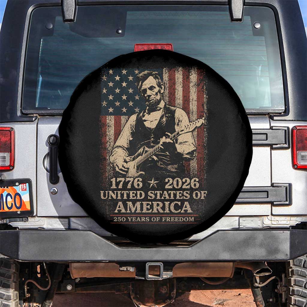 Vintage Abraham Lincoln Abe Lincoln Playing Guitar 250 Years Spare Tire Cover 1776 2026 Humor Patriotic USA Flag TS10 No hole Black Print Your Wear