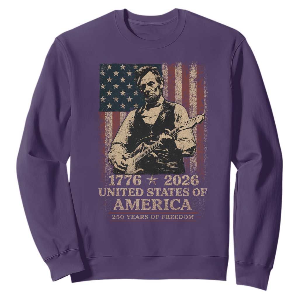 Vintage Abraham Lincoln Abe Lincoln Playing Guitar 250 Years Sweatshirt 1776 2026 Humor Patriotic USA Flag TS10 Purple Print Your Wear