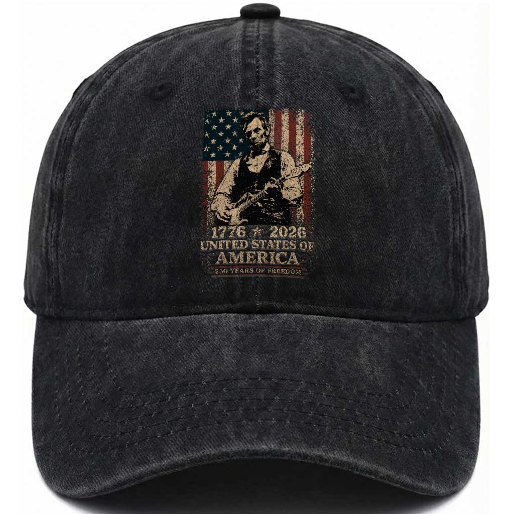 Vintage Abraham Lincoln Abe Lincoln Playing Guitar 250 Years Washed Cotton Baseball Cap 1776 2026 Humor Patriotic USA Flag TS10 Print Your Wear