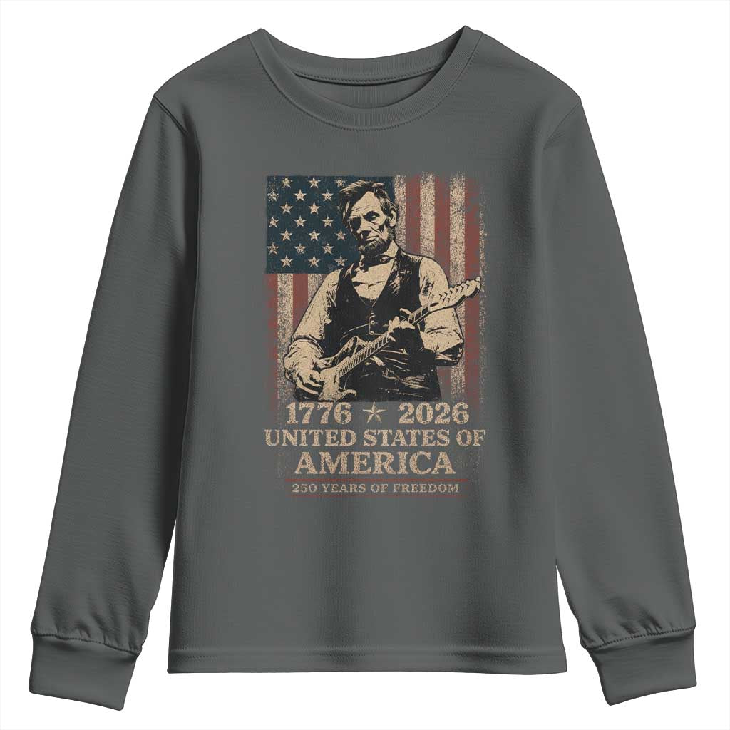 Vintage Abraham Lincoln Abe Lincoln Playing Guitar 250 Years Youth Sweatshirt 1776 2026 Humor Patriotic USA Flag TS10 Dark Heather Print Your Wear