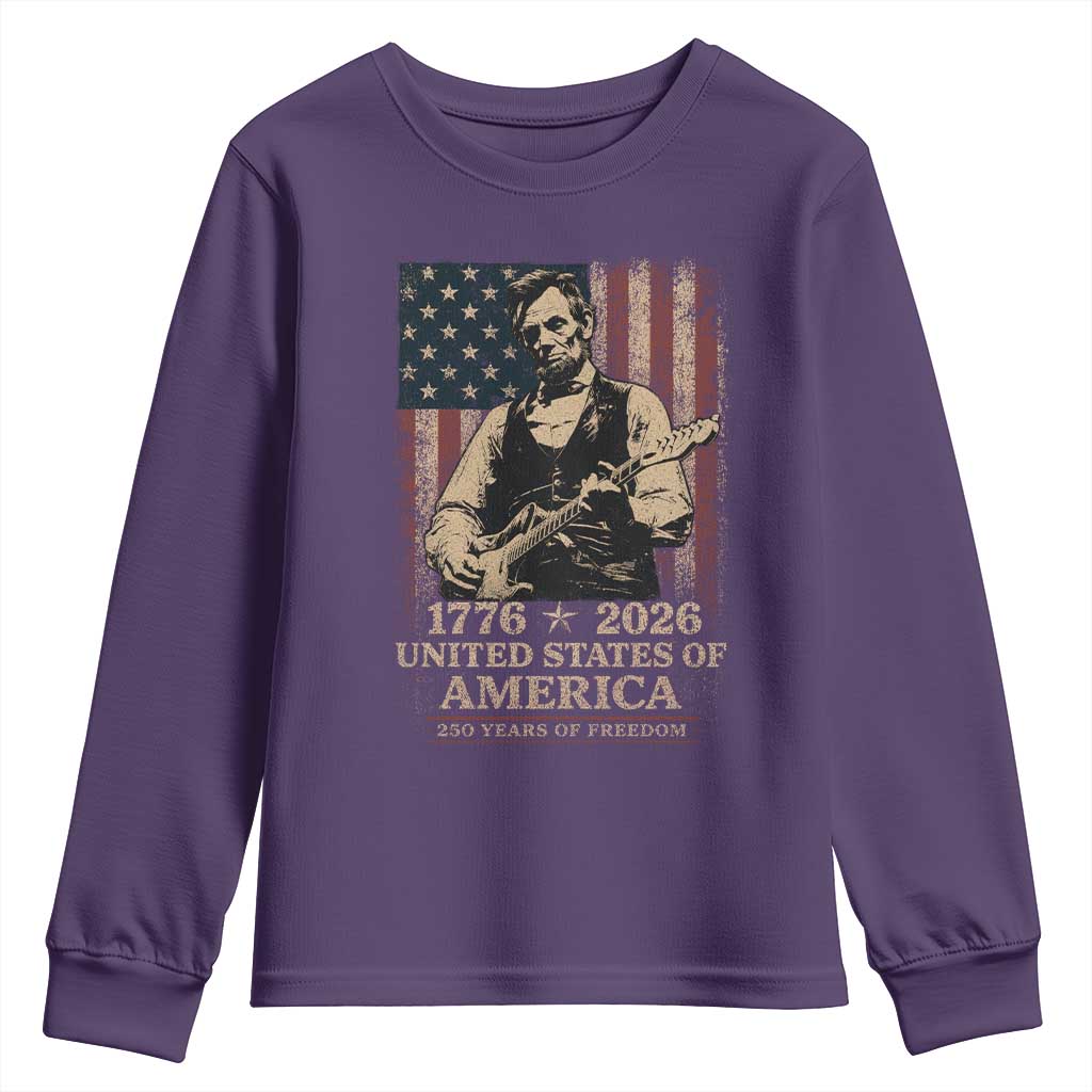 Vintage Abraham Lincoln Abe Lincoln Playing Guitar 250 Years Youth Sweatshirt 1776 2026 Humor Patriotic USA Flag TS10 Purple Print Your Wear