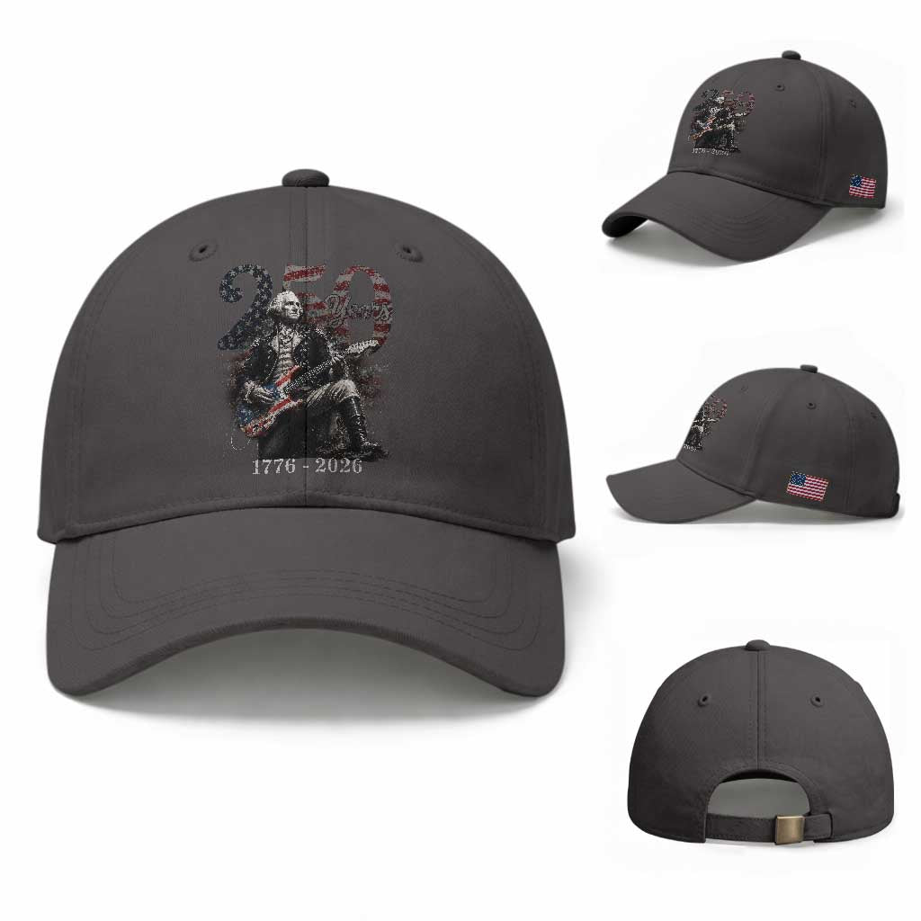 Vintage George Washington Playing Guitar 250 Years Baseball Cap 1776 2026 Humor Patriotic USA Flag TS10 Baseball Cap Universal Fit Dark Gray Print Your Wear