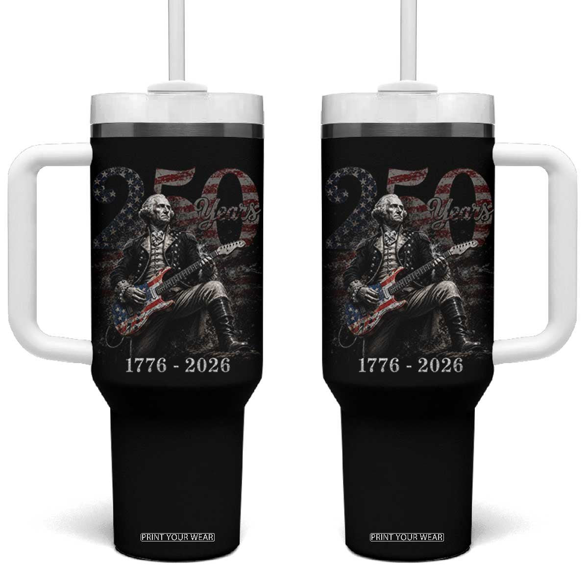 Vintage George Washington Playing Guitar 250 Years Tumbler With Handle 1776 2026 Humor Patriotic USA Flag TS10 One Size: 40 oz Black Print Your Wear