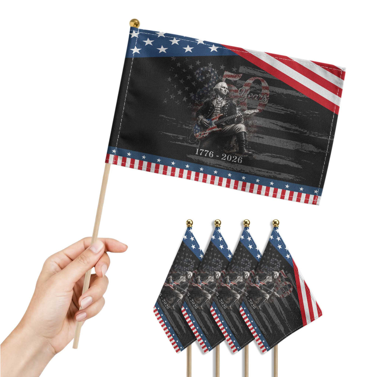 Vintage George Washington Playing Guitar 250 Years Patriotic Handheld Flag 1776 2026 Humor Patriotic USA Flag TS10 Print Your Wear