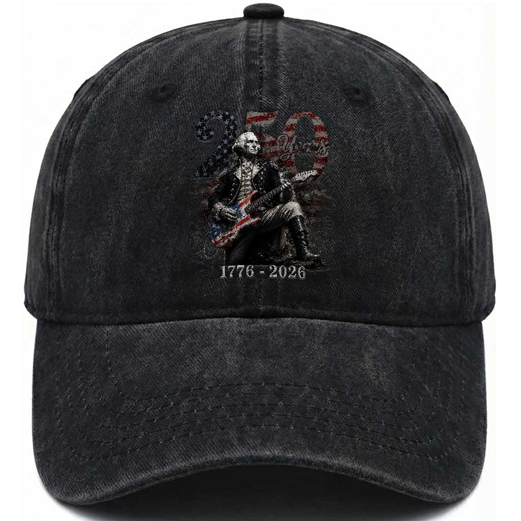 Vintage George Washington Playing Guitar 250 Years Washed Cotton Baseball Cap 1776 2026 Humor Patriotic USA Flag TS10 Print Your Wear